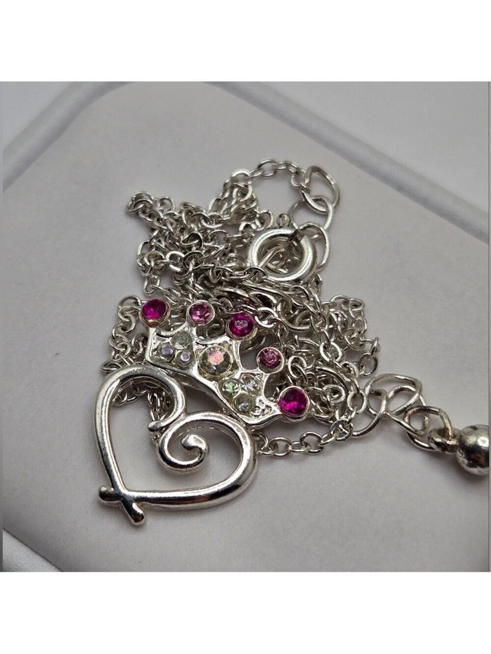 ✨2/$10✨ Silver-Tone Heart & Pink Crystal Crown Pendant Necklace 16''-18''
